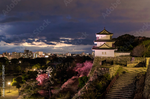 Ancient watchtower over castle grounds lit up after sunset © Osaze