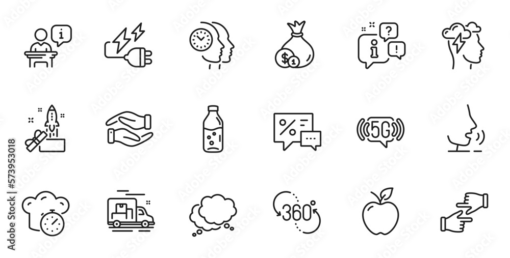 Outline set of Mindfulness stress, Discounts and Speech bubble line icons for web application. Talk, information, delivery truck outline icon. Vector