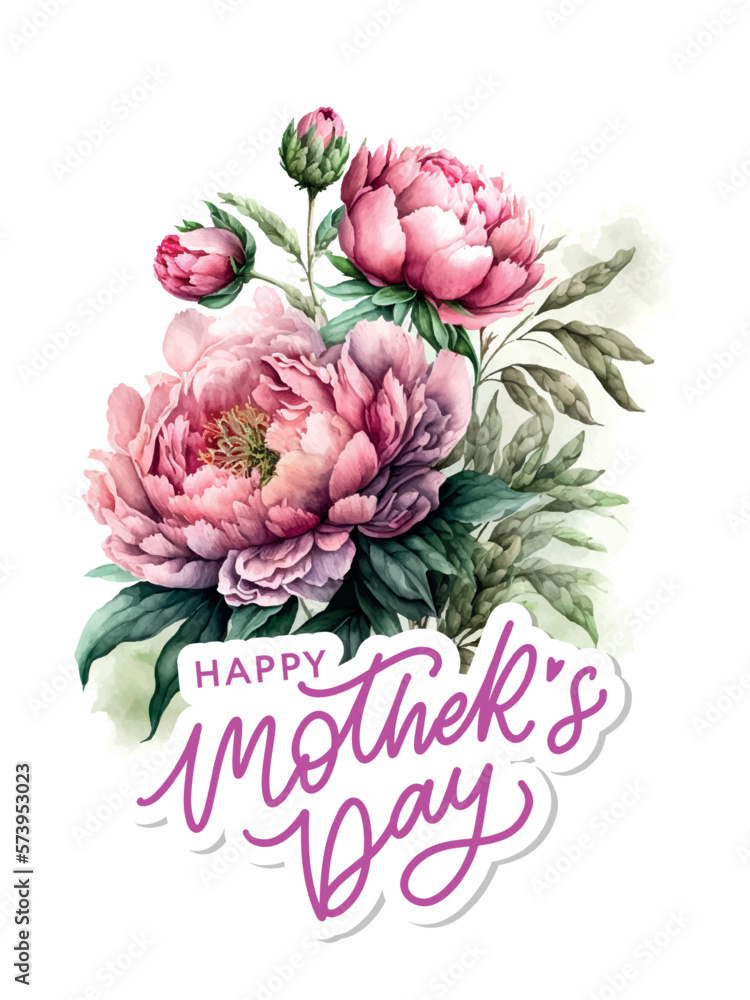 WaterColor Mother's day greeting card Pink peony illustration with flowers background for banners,Wallpaper, invitation, posters, brochure, voucher discount.