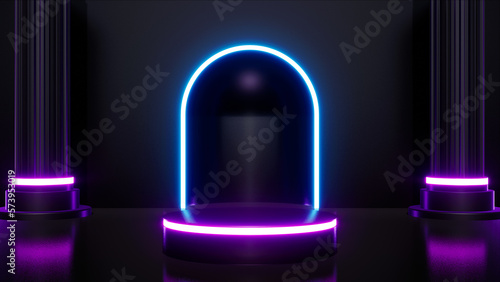 Glow Purple and Blue Light Stage with Cylinderical Podium and Columns, 3d rendering photo