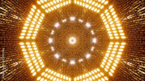 Geometric 3d rendering background of golden color circle tiled lamps