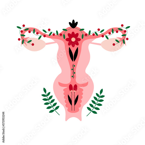 Beautiful female reproductive system in flower petals. Women's gynecology. Anatomical female uterus, ovaries. Vagina symbol menstruation. Hand drawn uterus, female reproductive organs of uterus