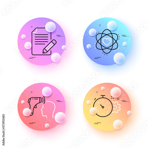 Atom, Article and Electronic thermometer minimal line icons. 3d spheres or balls buttons. Cogwheel timer icons. For web, application, printing. Electron, Feedback, Temperature scan. Vector