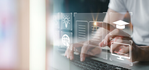 Concept of Online education. man use Online education training and e-learning webinar on internet for personal development and professional qualifications. Digital courses to develop new skills.