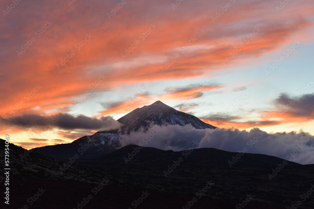 Snowed Teide during sunset in tenerife, canary islands