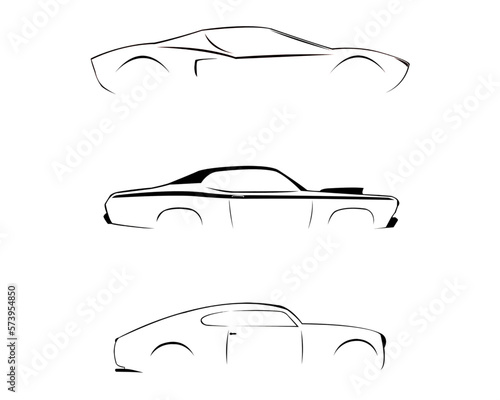 Sports cars as a vector line-art set of vehicles on white background