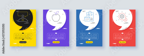 Set of Apple, Interview job and Report line icons. Poster offer frame with quote, comma. Include Cogwheel icons. For web, application. Fresh fruit, Consulting, Accounting. Idea bulb. Vector