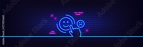 Neon light glow effect. Customer satisfaction line icon. Positive feedback sign. Smile symbol. 3d line neon glow icon. Brick wall banner. Customer satisfaction outline. Vector