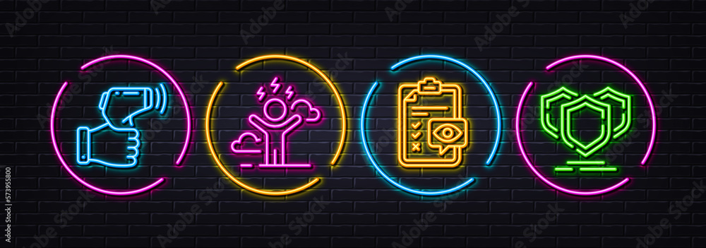 Difficult stress, Electronic thermometer and Eye checklist minimal line icons. Neon laser 3d lights. Shields icons. For web, application, printing. Mind anxiety, Temperature scan, Optometry. Vector