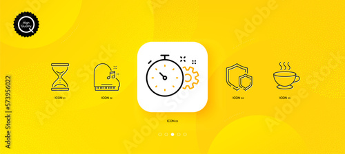 Time hourglass, Cogwheel timer and Piano minimal line icons. Yellow abstract background. Shields, Coffee cup icons. For web, application, printing. Sand watch, Engineering tool, Fortepiano. Vector