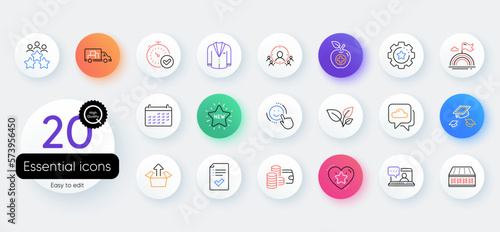 Simple set of Friends chat, New star and Calendar line icons. Include Medical food, Ranking star, Fast verification icons. Throw hats, Send box, Weather forecast web elements. Leaves. Vector