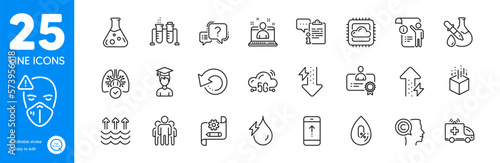 Outline icons set. Writer  Lungs and Manual doc icons. 5g cloud  Student  Hydroelectricity web elements. Chemistry beaker  No alcohol  Certificate signs. Chemistry experiment. Vector