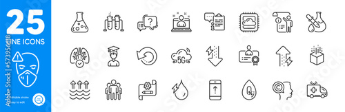 Outline icons set. Writer, Lungs and Manual doc icons. 5g cloud, Student, Hydroelectricity web elements. Chemistry beaker, No alcohol, Certificate signs. Chemistry experiment. Vector