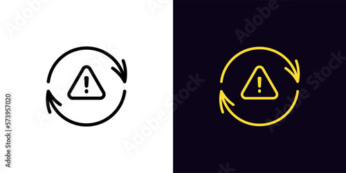 Outline update icon, with editable stroke. Update arrows frame with exclamation mark, important upgrade warning pictogram. Error synchronize, reload alert, restart notice.