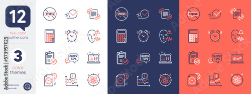 Set of Stress, Stop stress and Quick tips line icons. Include Sound check, Voice wave, Marketing icons. Alarm clock, Calculator, Approved report web elements. Project deadline, Checkbox, Chart. Vector