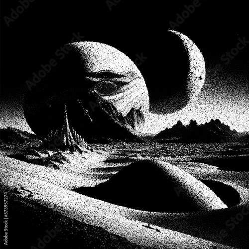 Alien planet landscape in retro dotwork style. Planets and satellites over unknown planet in space. Sci-fi world landscape beyond our galaxy.