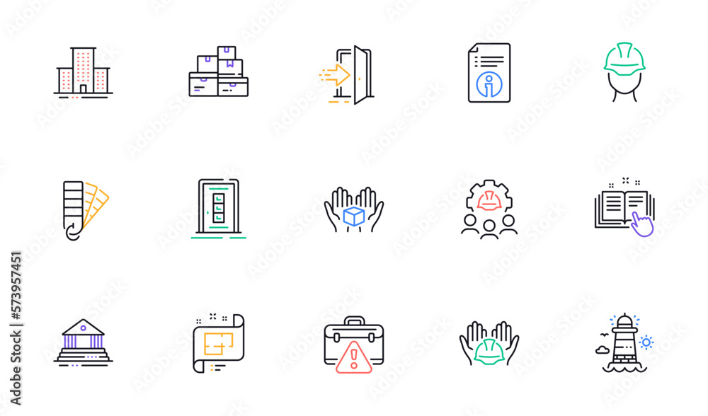 Door, Wholesale goods and University campus line icons for website, printing. Collection of Hold box, Warning briefcase, Builders union icons. Court building, Entrance, Lighthouse web elements. Vector Door, Wholesale goods and University campus line icons for website, printing. Collection of Hold box, Warning briefcase, Builders union icons. Court building, Entrance, Lighthouse web elements. Vector