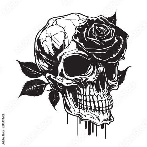 Skull With Rose Flower Black Outline Vector. Human skull with rose sketch drawing, tattoo vector illustration isolated on white background