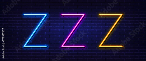Initial letter Z icon. Neon light line effect. Line typography character sign. Large first font letter. Glowing neon light element. Letter Z glow 3d line. Brick wall banner. Vector