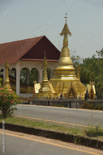 Golden Pagoda at Wat Somdet  a historic site in Amphoe Sangkhlaburi  Kanchanaburi Province   Thailand. A combination of Thai-Raman and Burmese art.