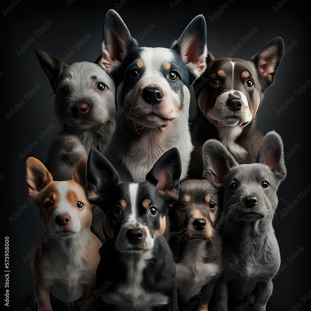 Pack of dogs posing in the fantasy wilderness. Dog portraits. Pack of dogs posing in the fantasy wilderness. Dog portraits.