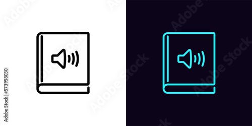 Outline sound book icon, with editable stroke. Voice book with speaker sign, digital audiobook pictogram. Sound dictionary, listen ebook, musical handbook, audio library.