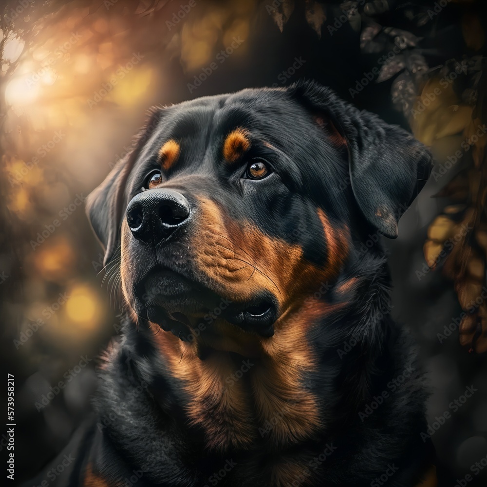 Rottweiler posing in the fantasy wilderness. Dog portrait.