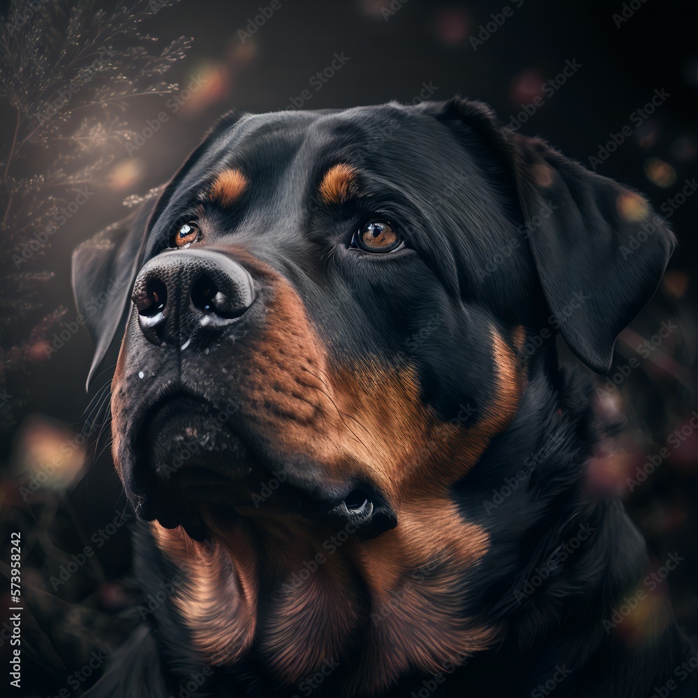 Rottweiler posing in the fantasy wilderness. Dog portrait.