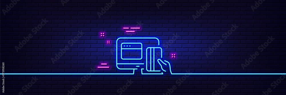 Neon light glow effect. Online Payment methods line icon. Web money sign. Credit card symbol. 3d line neon glow icon. Brick wall banner. Online payment outline. Vector Neon light glow effect. Online Payment methods line icon. Web money sign. Credit card symbol. 3d line neon glow icon. Brick wall banner. Online payment outline. Vector