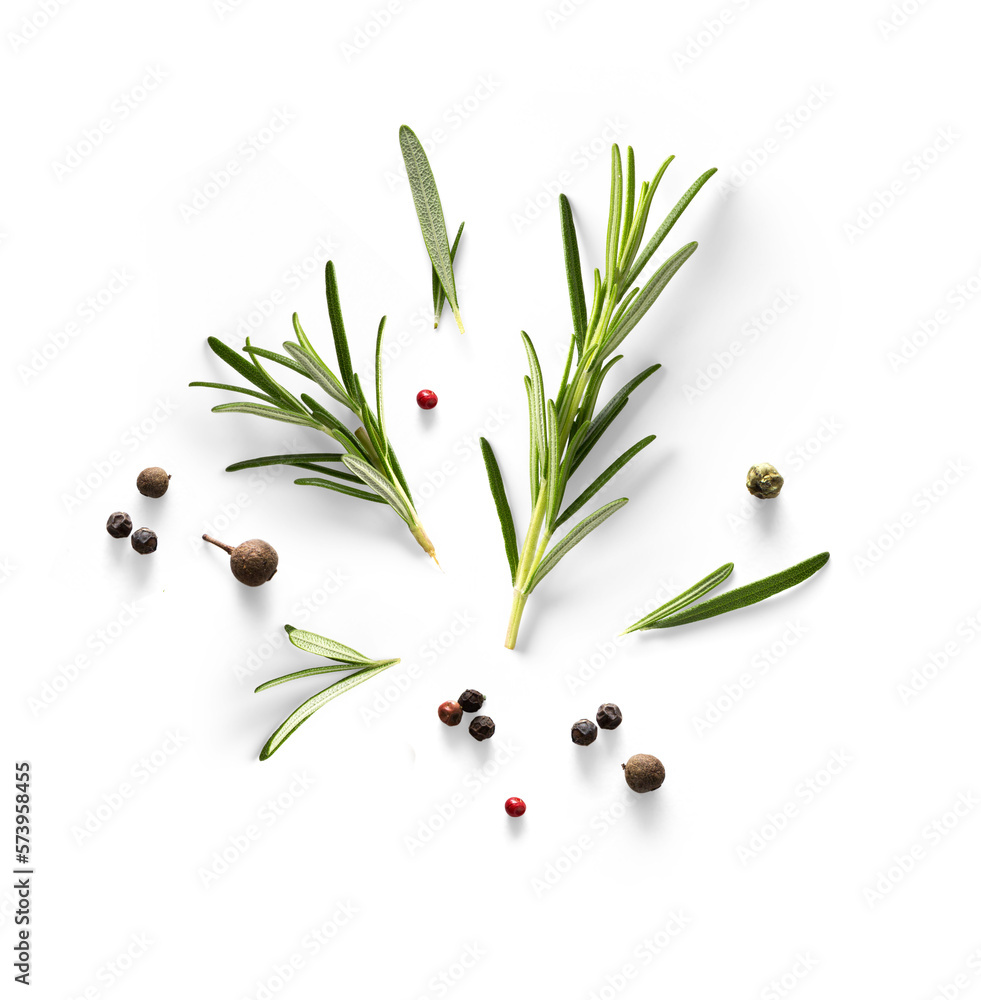 Fresh green organic rosemary leaves and peper isolated on white background. Transparent background and natural transparent shadow; Ingredient, spice for cooking. collection for design - obrazy, fototapety, plakaty 