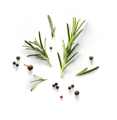 Fresh green organic rosemary leaves and peper isolated on white background. Transparent background and natural transparent shadow; Ingredient, spice for cooking. collection for design