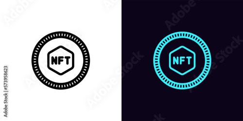 Outline nft token icon, with editable stroke. Token frame with NFT sign, cryptographic game coin. Digital token and cryptocurrency, virtual money, NFT marketplace, crypto wallet.