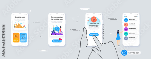 Music making, Wallet and 360 degrees line icons for website, printing. Phone ui interface. Collection of Flight mode, Report document, Ranking star icons. Vector