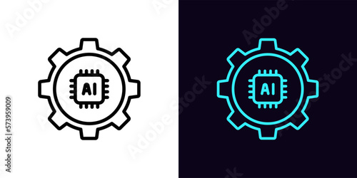 Outline AI settings icon, with editable stroke. Gear wheel frame with microchip sign, artificial intelligence adjustment. AI control tool, smart algorithm setting, system machine learning.