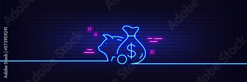 Neon light glow effect. Piggy bank line icon. Coins money sign. Business savings symbol. 3d line neon glow icon. Brick wall banner. Piggy bank outline. Vector
