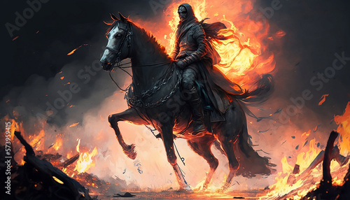 A man riding on the back of a horse next to a fire