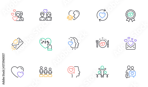 Update relationships, Hearts and Equality line icons for website, printing. Collection of Dating chat, Heart, Love letter icons. Genders, Romantic talk, Romantic dinner web elements. Vector