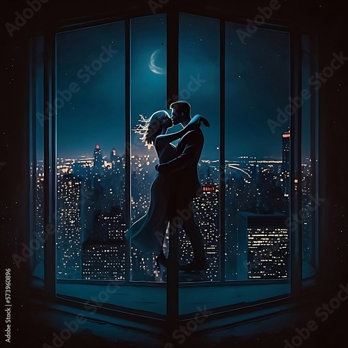 romantic couple kissing on night