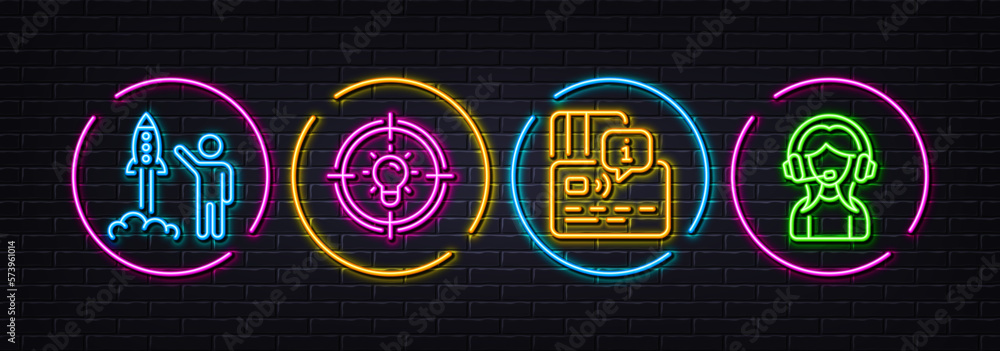 Card, Idea and Launch project minimal line icons. Neon laser 3d lights. Support icons. For web, application, printing. Bank payment, Solution, Business innovation. Call center. Vector