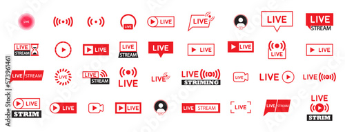 Live streaming vector icons. Collection of live stream logo. Live streaming set red icons.