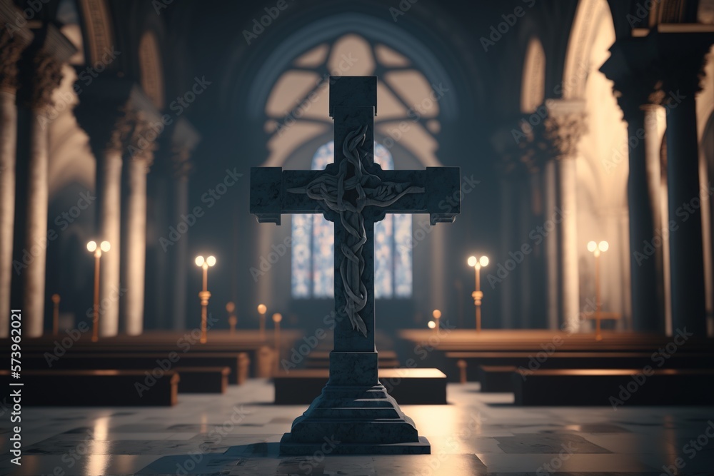 Cross in an old church, cathedral, religion. Generative AI.