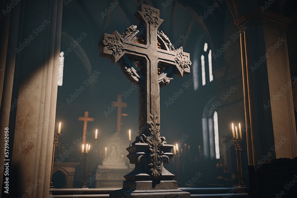 Cross in an old church, cathedral, religion. Generative AI.