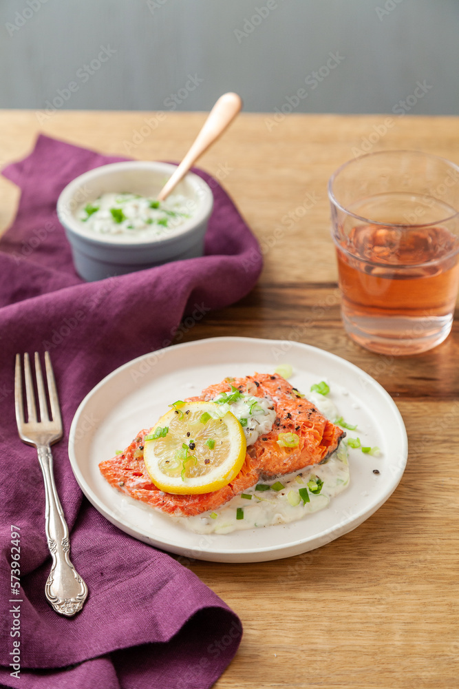 Cooked Salmon with tarter sauce and Rose