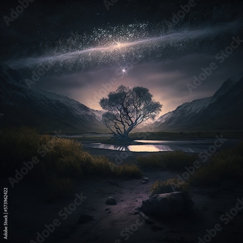 Night landscape with tree in middle of the lake in sky Starlight with Generative AI