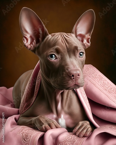 Cute tiny puppy lying on silk pastel pink fabric with Generative AI