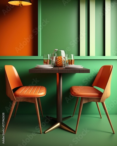 2 orange wooden chairs in a room with a green wall a small table and dishes on it vintage style. 3D rendering with Generative AI