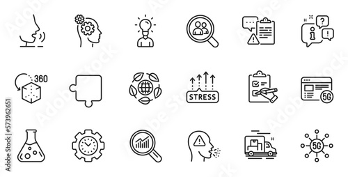 Outline set of Clipboard, Data analysis and Thoughts line icons for web application. Talk, information, delivery truck outline icon. Include Augmented reality, Stress grows, Eco organic icons. Vector