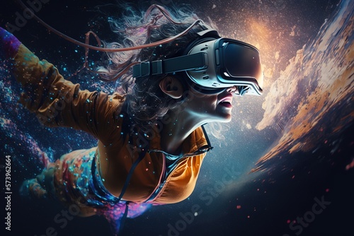 A woman wearing a virtual reality headset in space with a planet in the background affinity photo a 3d render panfuturism photo