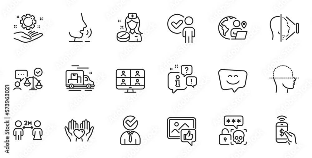 Outline set of Verification person, Video conference and Outsource work line icons for web application. Talk, information, delivery truck outline icon. Vector