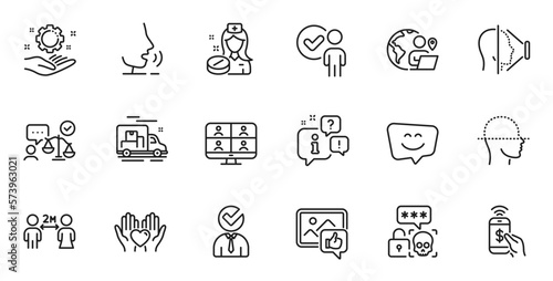 Outline set of Verification person, Video conference and Outsource work line icons for web application. Talk, information, delivery truck outline icon. Vector